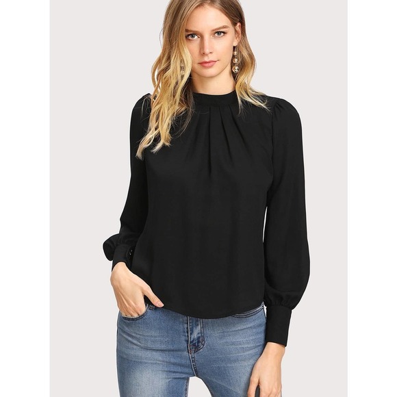 Button Cuff Gathered Neck long sleeve blouse Top black - Picture 1 of 11